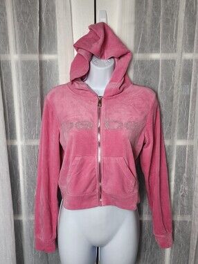 Bebe Rhinestone Logo Pink Velour Jacket Cropped Full Zip Hoodie Y2K Sz L VTG